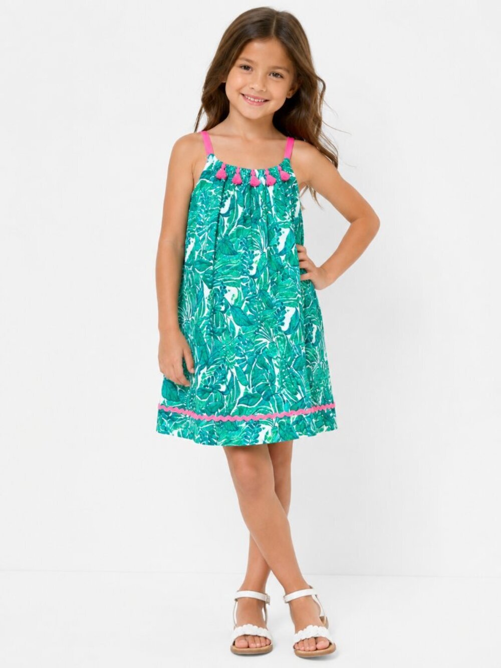 Tommy Bahama Girls Tropical Palm Print Sundress Pink Tassel Dress Size 5